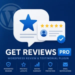 Get Reviews PRO WordPress review plugin grid layout example Get Reviews PRO customer review submission form Get Reviews PRO admin moderation dashboard Get Reviews PRO star rating summary widget